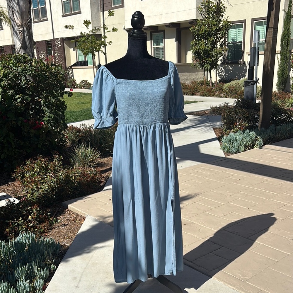 Blue Smocked Midi Dress